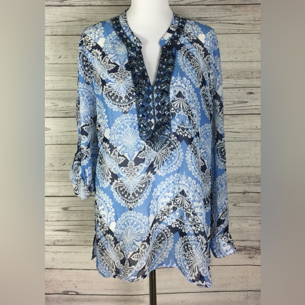 Peck & Peck Blue Beaded Sequin V-Neck Roll Tab Sleeve Sheer Tunic Top